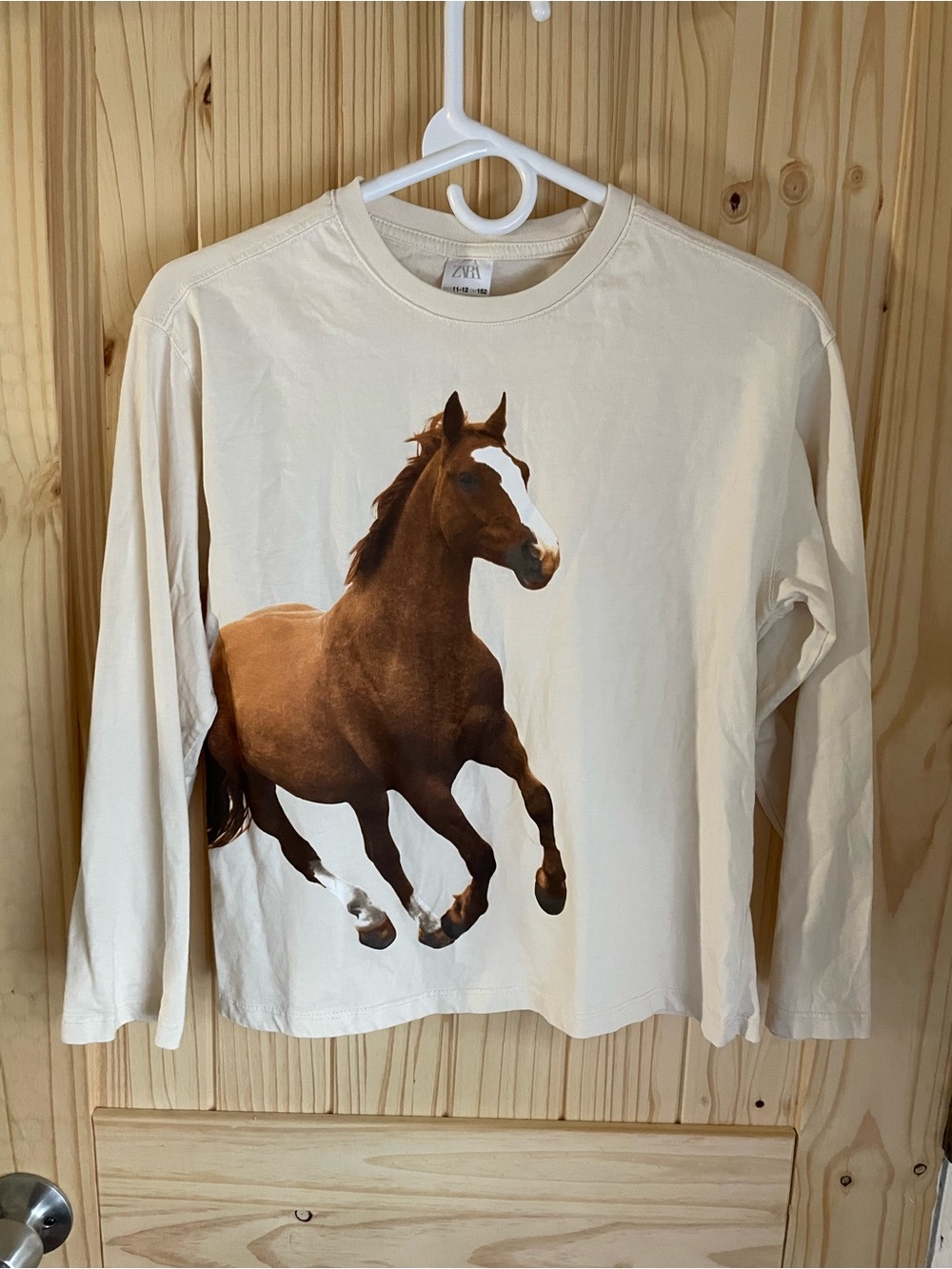 Zara Cream Long-Sleeve Tee with Brown Horse Print